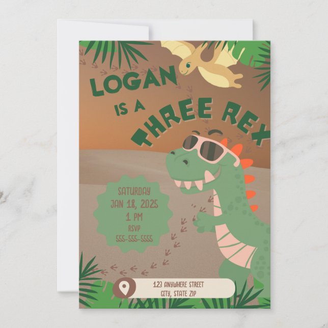 "Tre" Rex Dinosaur 3:e födelsedagsinbjudan Inbjudningar (Framsida)