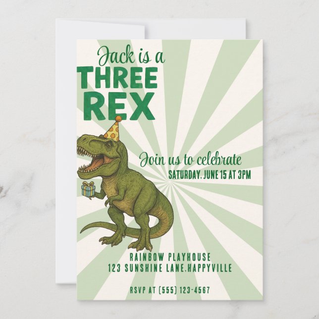 Tre-Rex Dinosaur Birthday-inbjudan |T-Rex-ersättni Inbjudningar (Framsida)