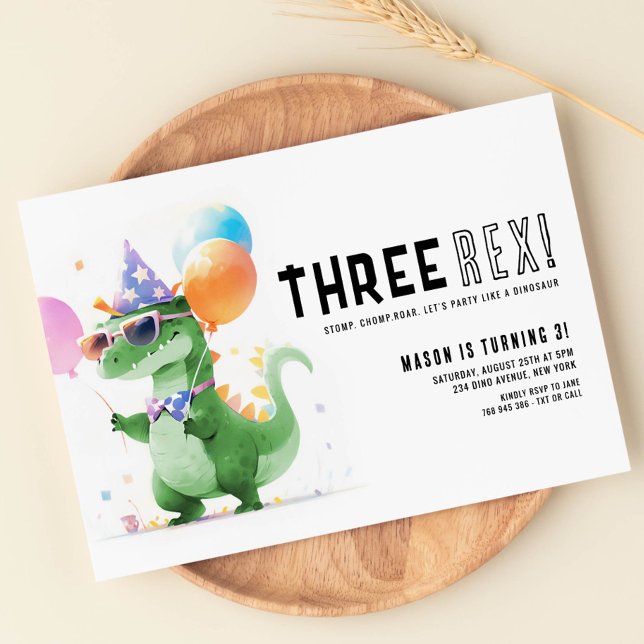 Tre Rex Dinosaur Birthday Inbjudningar (Skapare uppladdad)