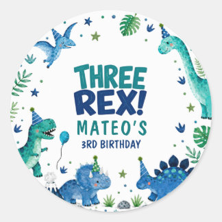 Tre Rex Dinosaur Blå 3-årsdag Runt Klistermärke