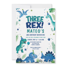 Tre Rex Dinosaur Blå Akvarell 3-årsdag
