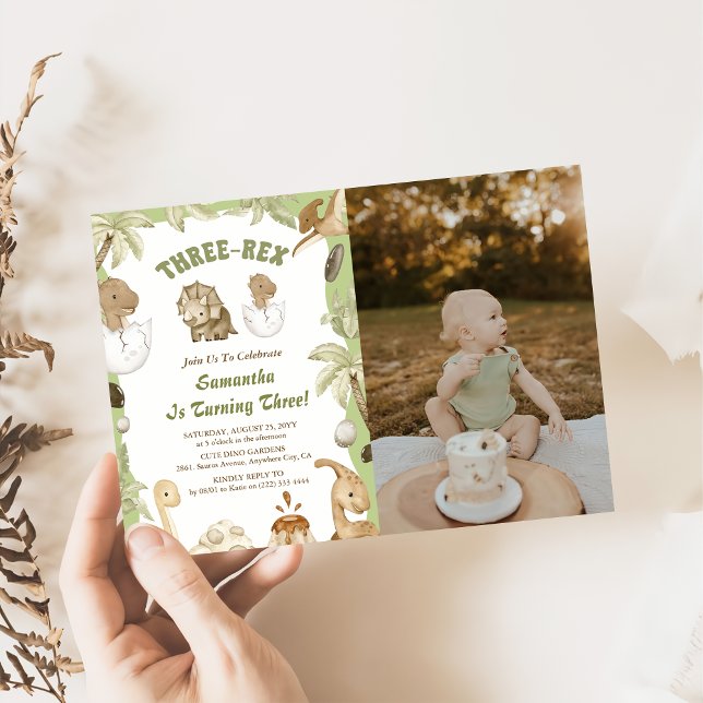 Tre Rex Dinosaur Boy 3 Birthday Party Photo Inbjudningar (Skapare uppladdad)