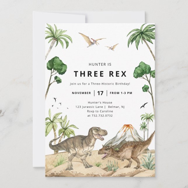 Tre Rex Dinosaur Födelsedagsinbjudan Inbjudningar (Framsida)