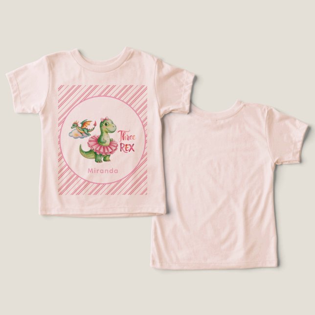 Tre Rex Dinosaur Girl Födelsedagsfest T Shirt (Design fram och bak)