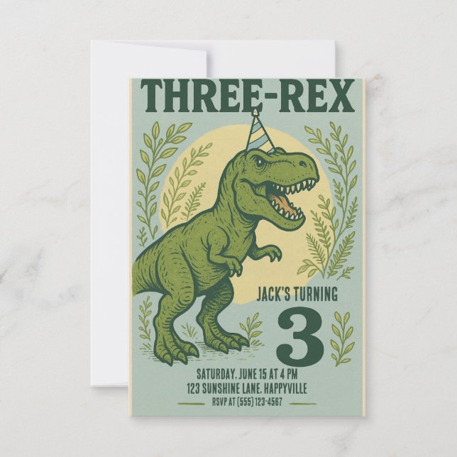 Tre Rex Dinosaur Greenery Birthday Inbjudningar (Framsida)