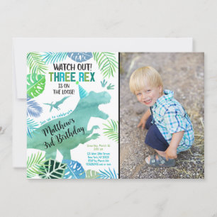 Tre Rex Dinosaur Greenery Birthday Inbjudningar