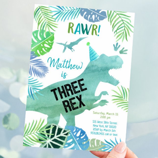 Tre Rex Dinosaur Greenery Birthday Inbjudningar (Skapare uppladdad)