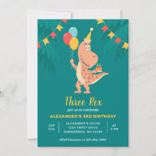 Tre Rex Dinosaur-kokbubbla 3:e födelsedag Party Inbjudningar
