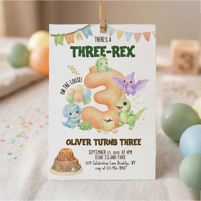 Tre-Rex Dinosaur Söt Dino 3-års födelsedag Inbjudningar (Skapare uppladdad)