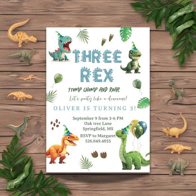 Tre rex Dinsoaur-födelsedag,vattenfärg t-rex Inbjudningar (Skapare uppladdad)
