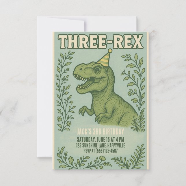 Tre-Rex-dosoaur 3:e födelsedagen Inbjudningar (Framsida)