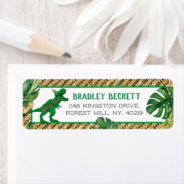 Tre-Rex-dosoaur 3:e födelsedagen Returadress Etikett (Insitu)