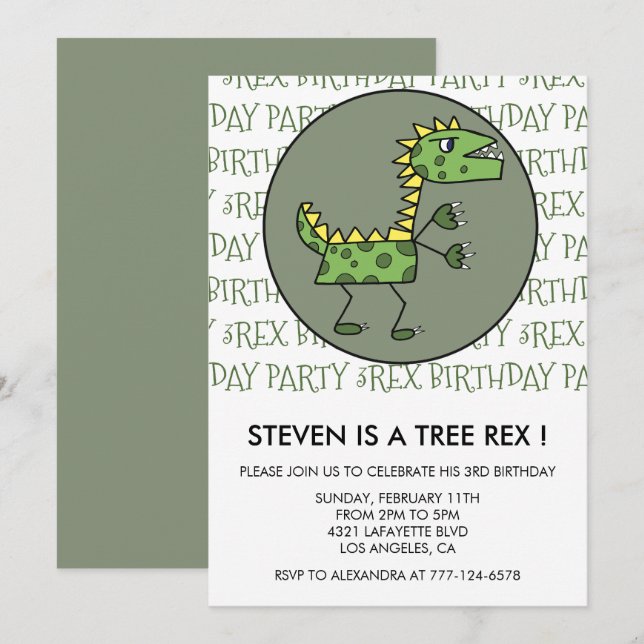 Tre rex-födelsedagsinbjudan dinosaurie 3:e barn inbjudningar (Fram/baksida)