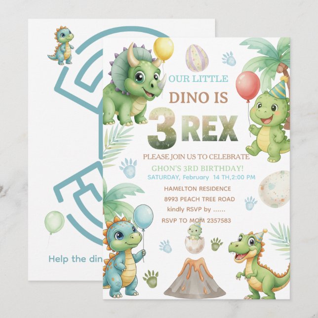 Tre-Rex födelsedagsinbjudan med labyrint-inbjudan Inbjudningar (Fram/baksida)