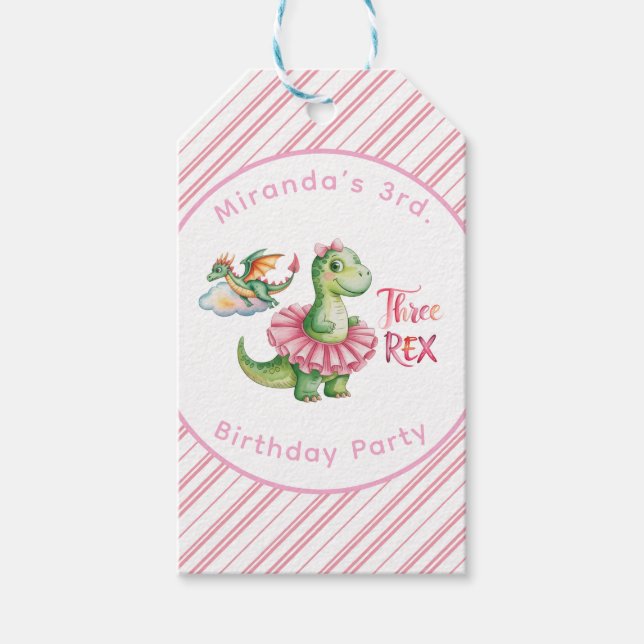 Tre Rex Girl Födelsedagsfest Tack Presentetikett (Framsidan)