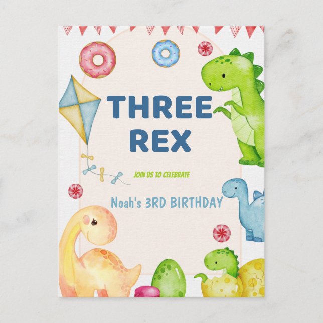 Tre Rex Kids Dinosaur 3-års födelsedagsfest Vykort (Framsida)