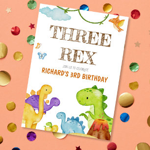 Tre Rex Kids Dinosaur 3:e födelsedagen Party Inbjudningar