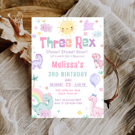 Tre Rex Pastel Dinosaur 3:e födelsedagen Party Inbjudningar