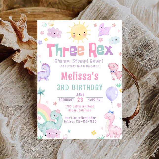 Tre Rex Pastel Dinosaur 3:e födelsedagen Party Inbjudningar (Skapare uppladdad)