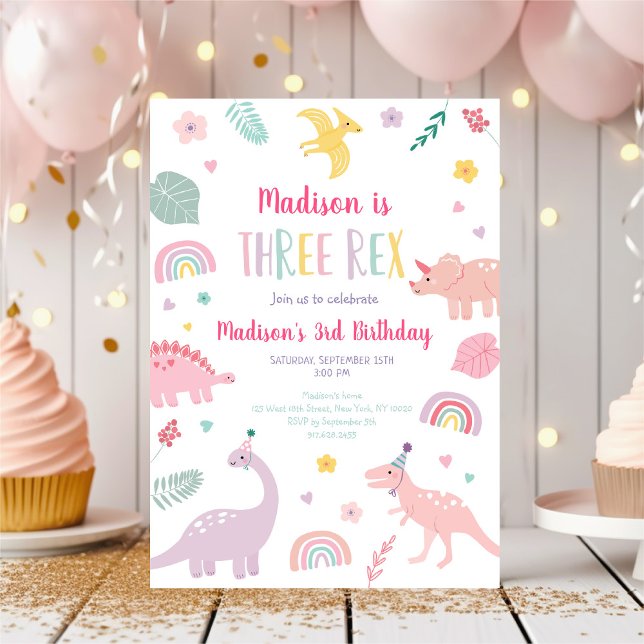 Tre Rex Rosa Boho Dinosaur Birthday Inbjudningar (Skapare uppladdad)