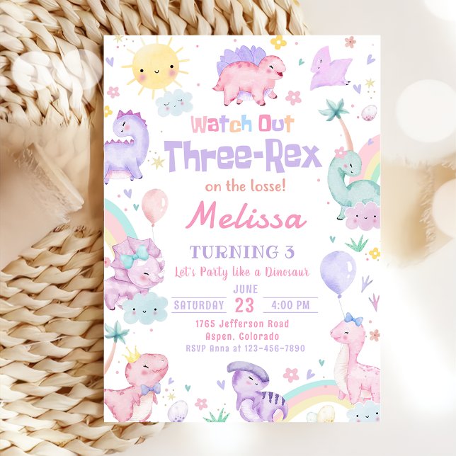 Tre Rex Rosa Dinosaur 3:e födelsedagen Party Inbjudningar (Skapare uppladdad)