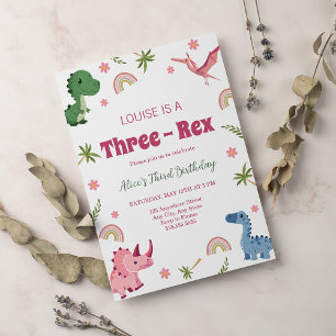 Tre-Rex Rosa Dinosaur Girl Tredje födelsedagen Inbjudningar