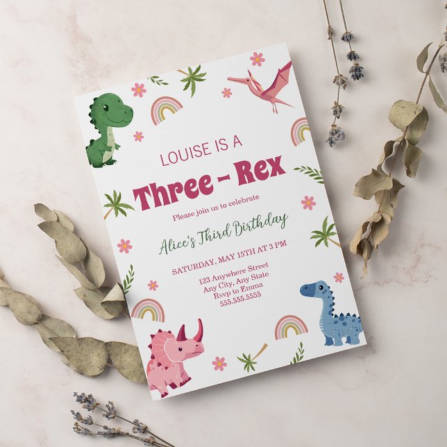 Tre-Rex Rosa Dinosaur Girl Tredje födelsedagen Inbjudningar (Skapare uppladdad)