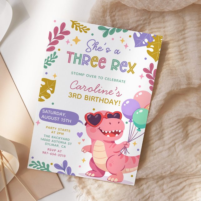 Tre Rex Rosa Dinosaurieflicka Födelsedagsfest Inbjudningar (Skapare uppladdad)