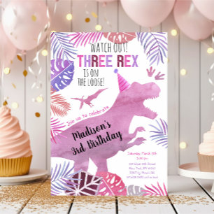 Tre Rex Rosa Lila Girl Dinosaur Birthday Inbjudningar
