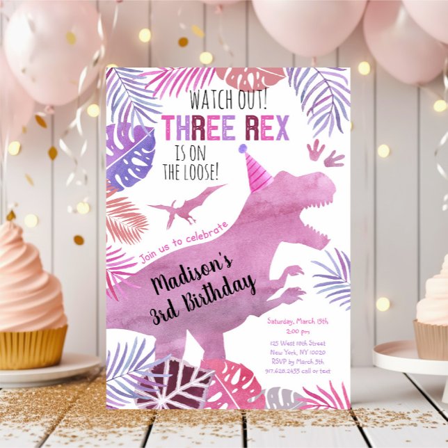 Tre Rex Rosa Lila Girl Dinosaur Birthday Inbjudningar (Skapare uppladdad)