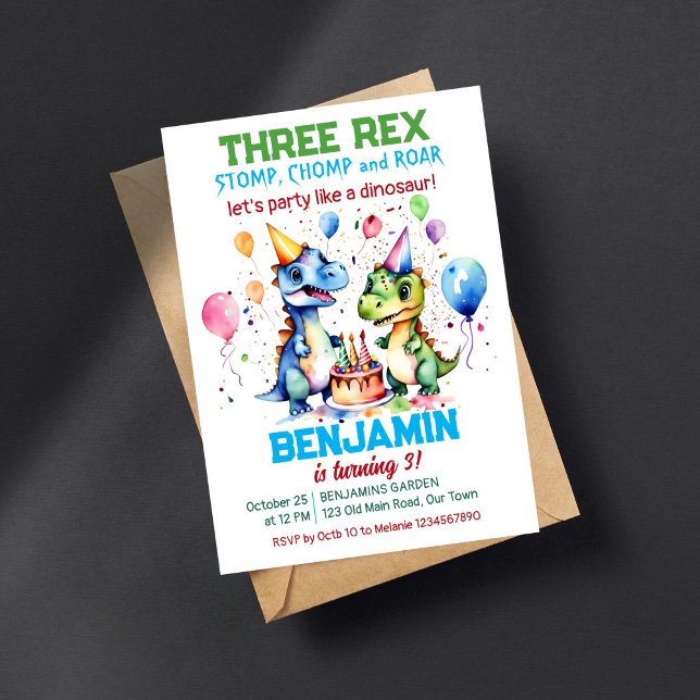 Tre rex söta dinosauriers födelsedagsfest inbjudningar (Three rex dinosaur birthday party template invitation digital instant download cute party dinosaurs)