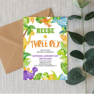 Tre Rex T-Rex 3:e tredje Födelsedagsfesten Inbjudningar