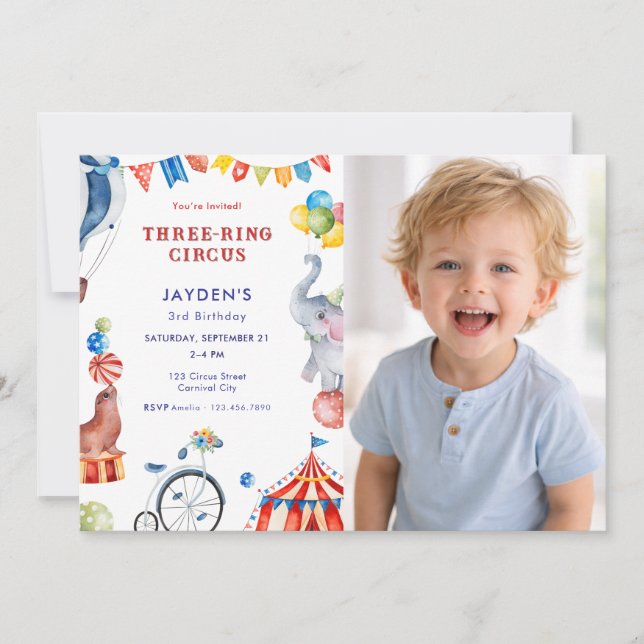 Tre Ringar Cirkus 3-års födelsedagsfirande Karneva Inbjudningar (Framsida)