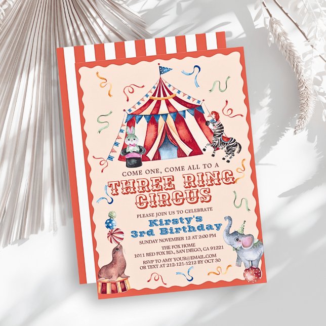 Tre Ringar Cirkus Karnevalsdjur 3-årsdag Inbjudningar (Skapare uppladdad)