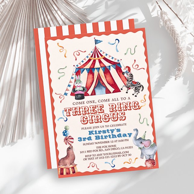 Tre Ringar Cirkus Karnevalsdjur 3-årsdag Inbjudningar (Skapare uppladdad)