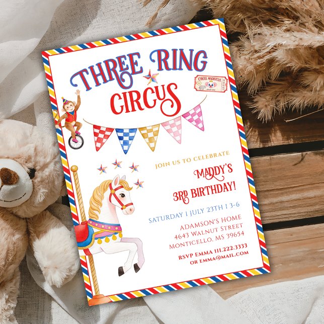 Tre Ringar Cirkus Söta Djur 3-års Födelsedagsfest Inbjudningar (Skapare uppladdad)