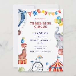 Tre Ringars Cirkus 1-års Födelsedags Karneval Djur Inbjudningar