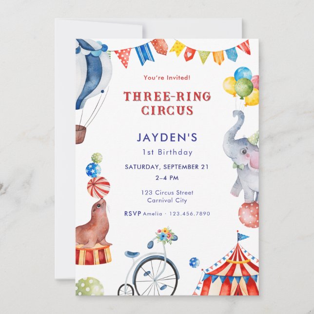 Tre Ringars Cirkus 1-års Födelsedags Karneval Djur Inbjudningar (Framsida)