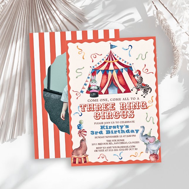 Tre Ringars Cirkus Karneval Foto 3-årsdag Inbjudningar (Skapare uppladdad)