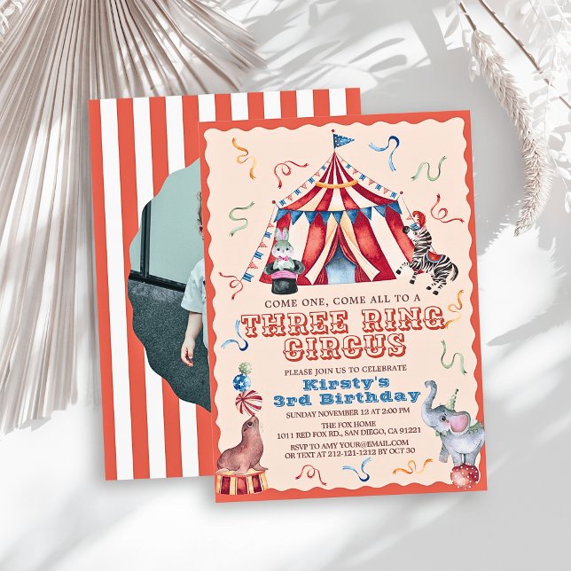 Tre Ringars Cirkus Karneval Foto 3-årsdag Inbjudningar (Skapare uppladdad)