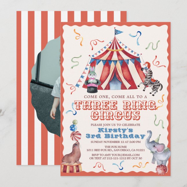 Tre Ringars Cirkus Karneval Foto 3-årsdag Inbjudningar (Fram/baksida)