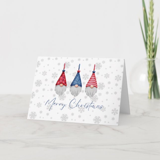 Tre röda blå gnomes God jul Snöflingor Kort (Framsida)