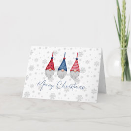 Tre röda blå tomtar God Jul snöflingor Kort
