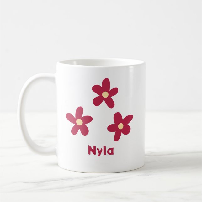 Tre röda blomdoodles med namn eller annan text kaffemugg (Vänster)