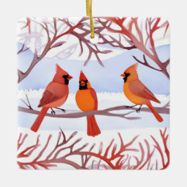 Tre röda kardinaler i Snowy Grenar Julgransprydnad Keramik