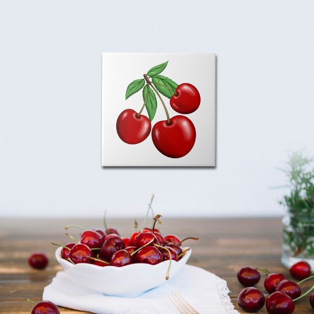 Tre röda körsbär frukt kakelplatta (Cherries Ceramic Tiles, use for kitchen backsplash, walls or order with optional frame for decor.)