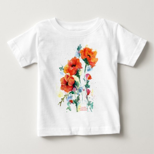 Tre röda, långa, härdade vallmo, vattenfärg t shirt (Framsida)