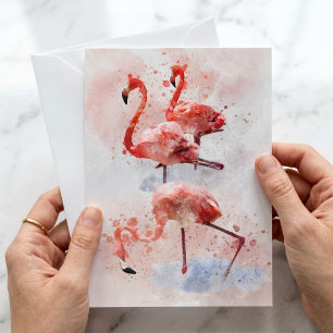 Tre rosa flamingos i akvarell konsttryck anteckningskort