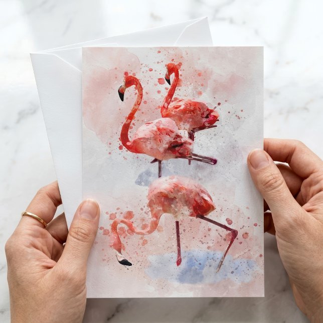 Tre rosa flamingos i akvarell konsttryck anteckningskort (Three Pink Flamingos in Watercolor Art Print. Note Card)