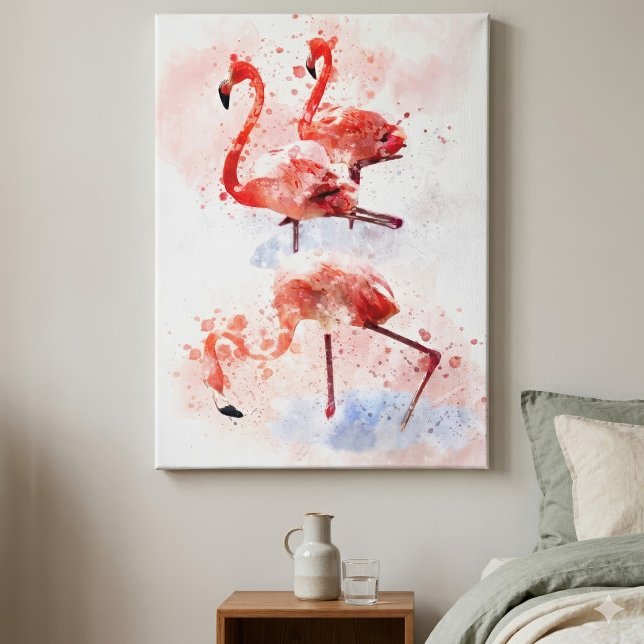Tre rosa flamingos i akvarell konsttryck canvastryck (Three Pink Flamingos in Watercolor Art Print. Canvas Print)